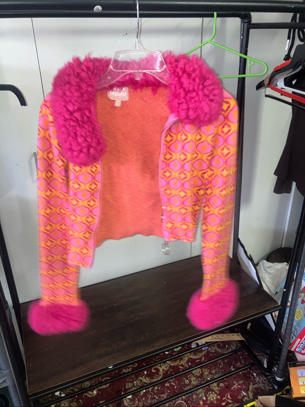 Show me your mumu retro Pink and Orange Geometric Cropped Jacket with Plush Trim